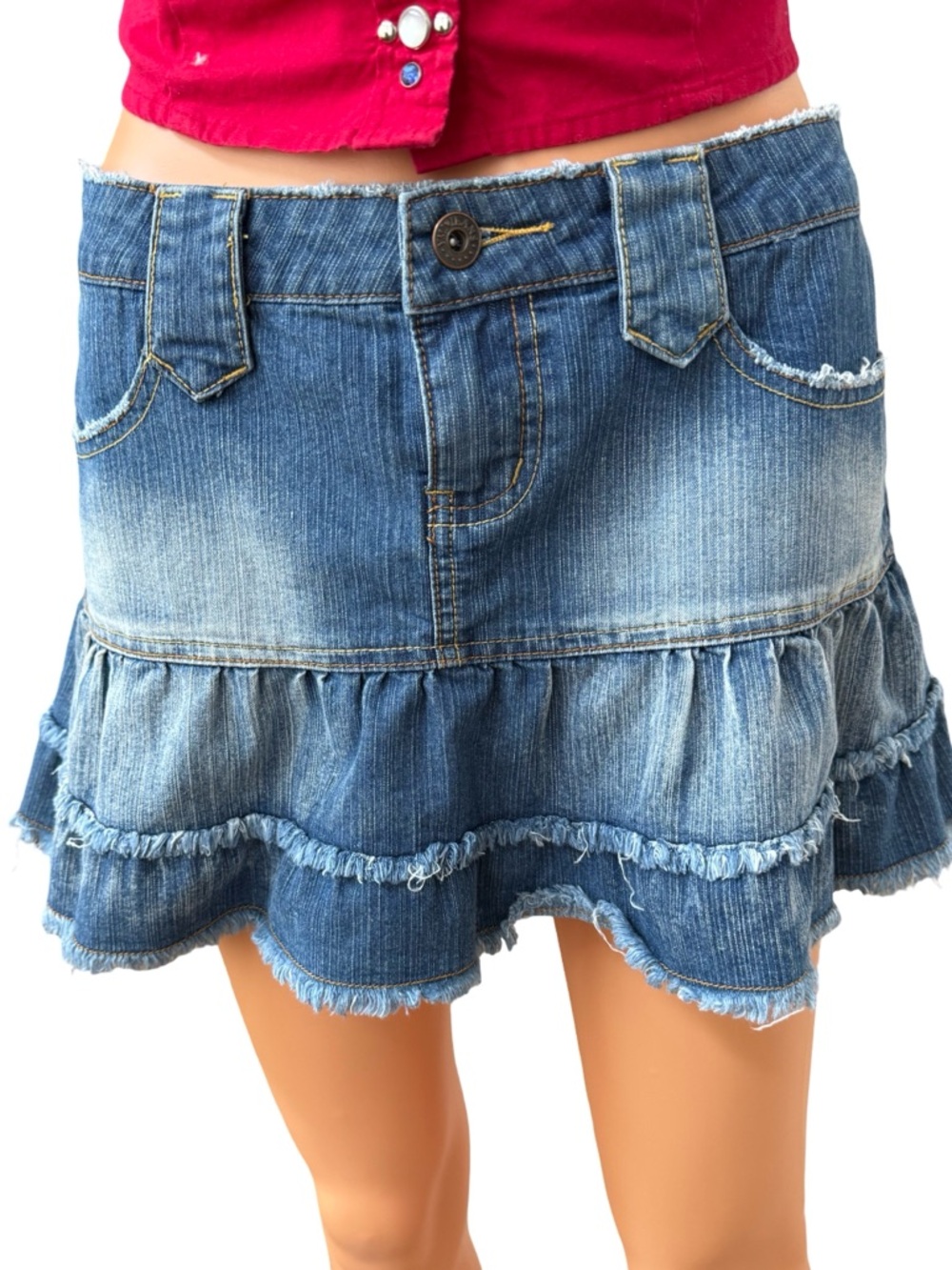 YMI Washed Blue Denim Ruffle Hem Mini Skirt